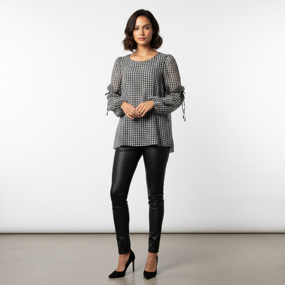 Max Studio Gingham Black White Plaid Long Sleeve Ruffle Tie Sleeve Blouse - Picture 2 of 16